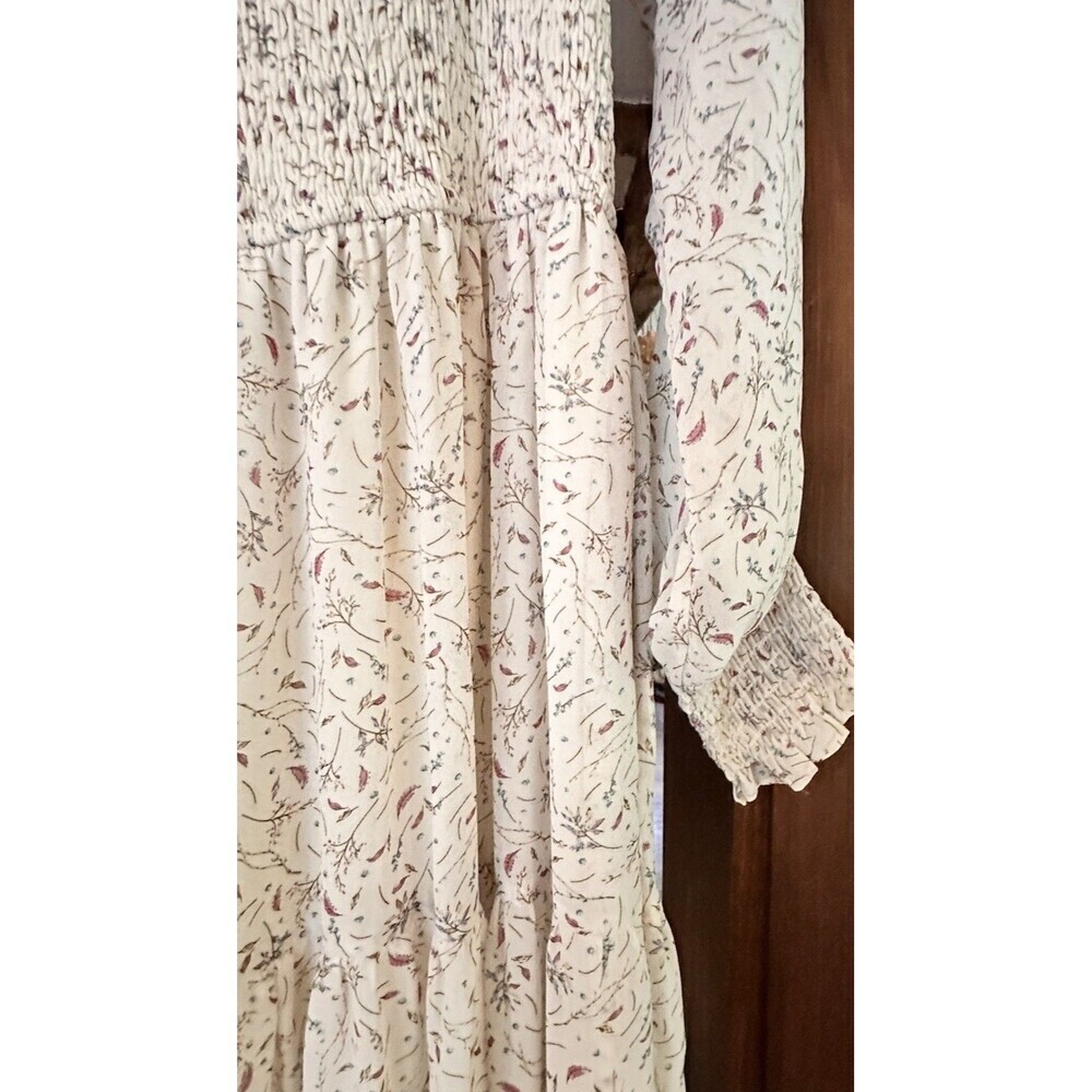 &Merci Sz M Off White Floral Dandy Prairie Midi Smocked TieredDress Long Sleeve - Picture 11 of 15